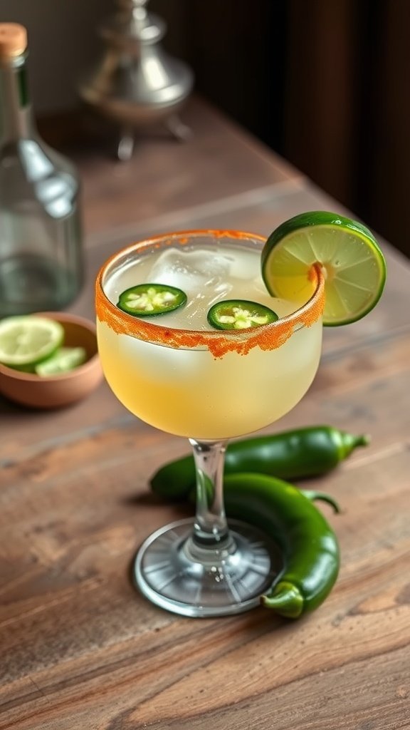 A spicy jalapeño margarita in a glass with chili powder rim and lime slice, placed on a wooden table with jalapeños in the background.