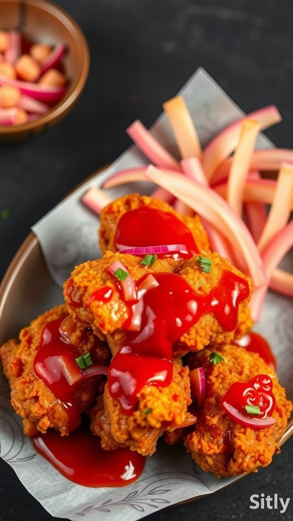 A plate of spicy Korean fried chicken with a vibrant red sauce, garnished with green onions and served with sliced radish.