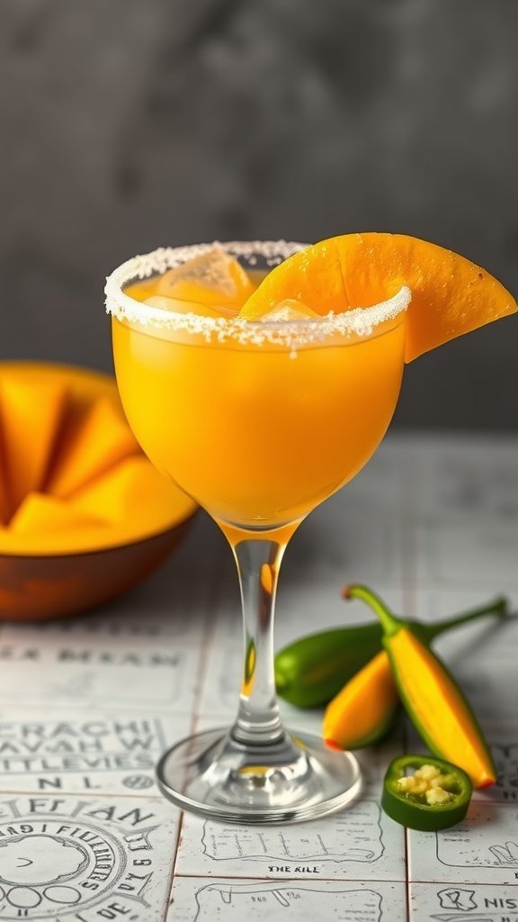 A colorful Spicy Mango Margarita in a glass with a salted rim, garnished with a slice of mango and jalapeño, next to fresh ingredients.