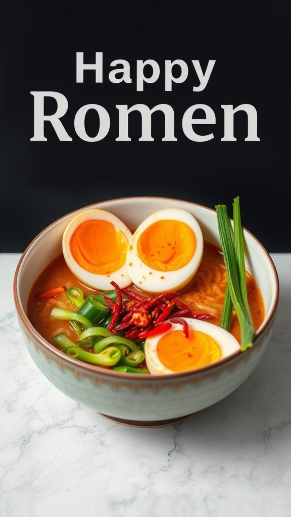 A bowl of Spicy Miso Ramen with soft-boiled eggs, green onions, and chili flakes