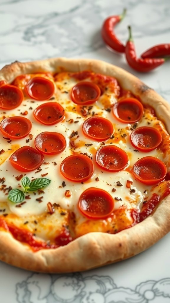 A delicious pizza topped with spicy pepperoni and fresh herbs, served on a marble surface.