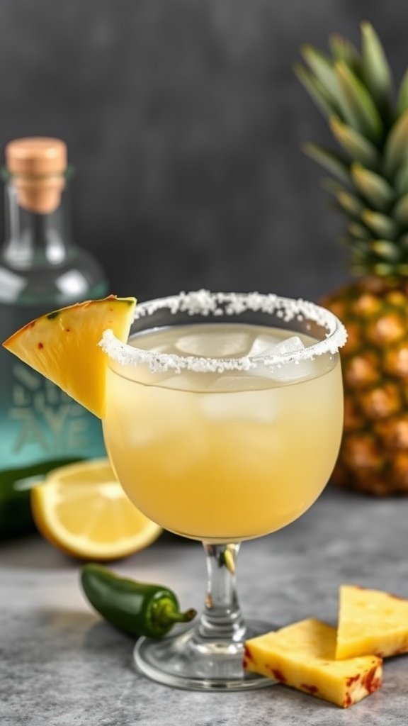 A Spicy Pineapple Margarita in a glass garnished with a pineapple slice and jalapeño, with a bottle of tequila and fresh pineapple in the background.
