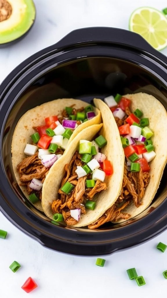 Crock pot spicy pulled pork tacos with toppings in soft tortillas