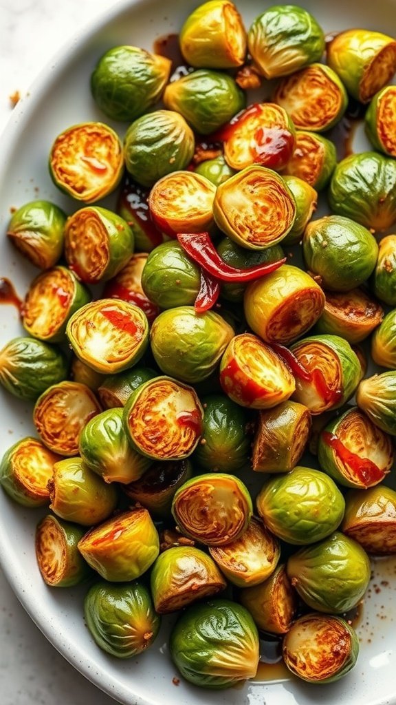 A plate of spicy roasted Brussels sprouts with red chili slices