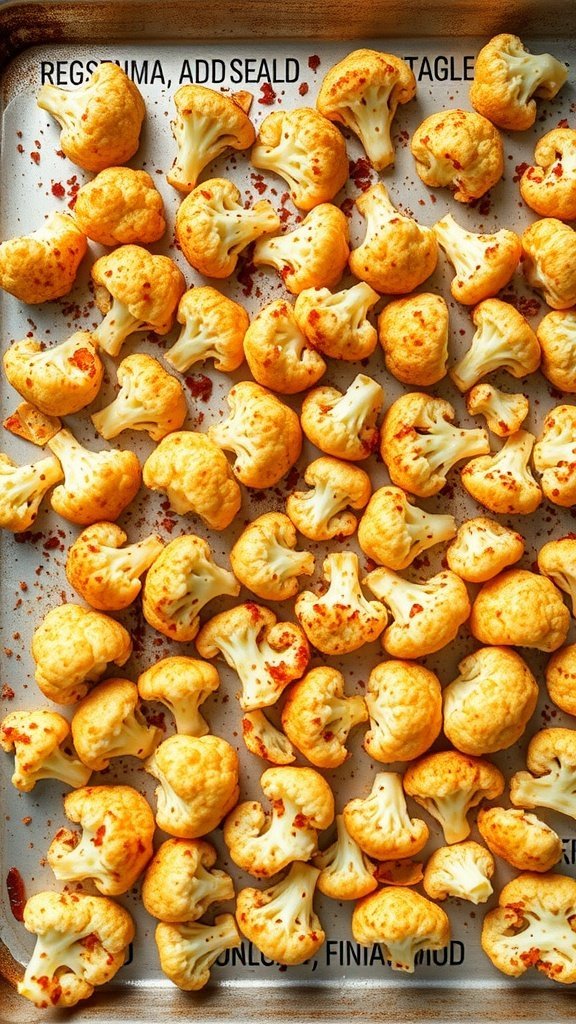 A baking sheet filled with golden-brown roasted cauliflower florets, seasoned with spices.