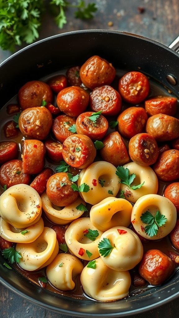 A skillet filled with spicy sausage balls and tortellini, garnished with fresh parsley.