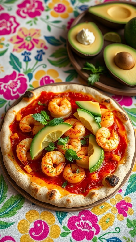 A colorful spicy shrimp and avocado pizza with fresh ingredients and a vibrant background.