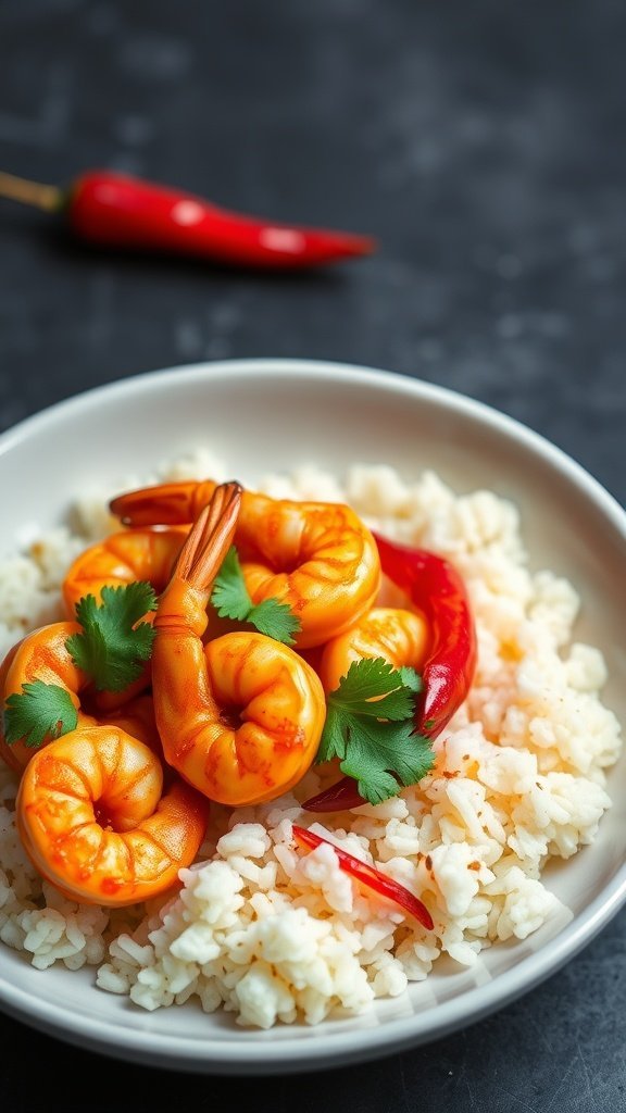 A bowl of spicy shrimp on coconut rice, garnished with cilantro and red chilies.