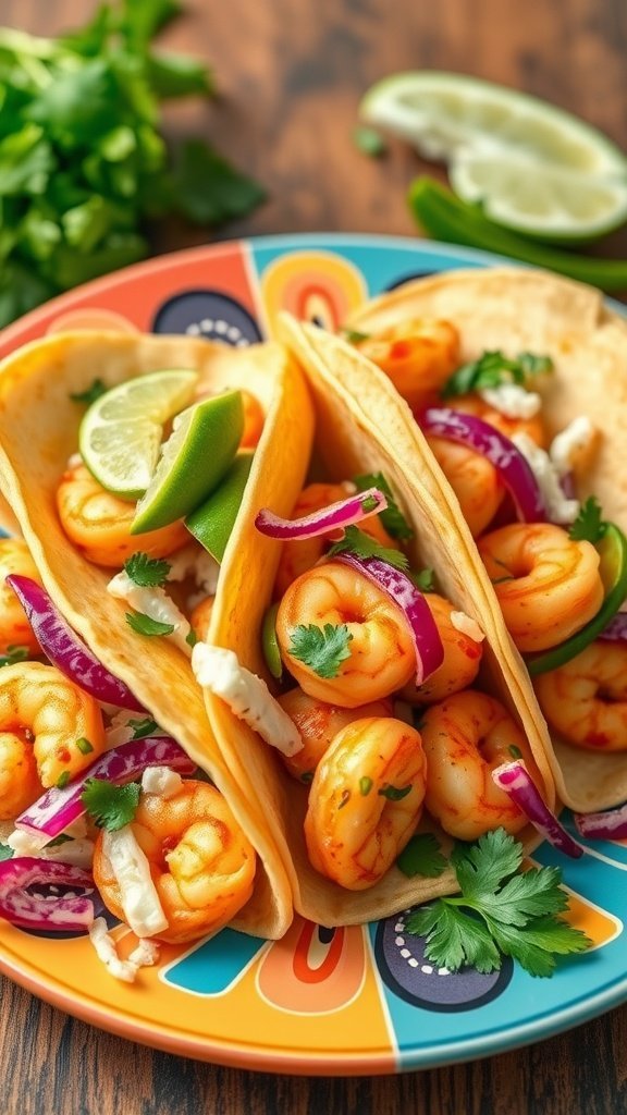 Delicious spicy shrimp tacos garnished with lime, cilantro, and red onion on a colorful plate.