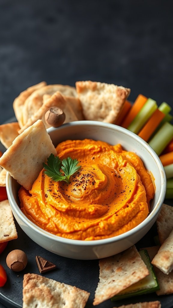 A bowl of spicy sweet potato hummus surrounded by pita chips and fresh vegetable sticks.