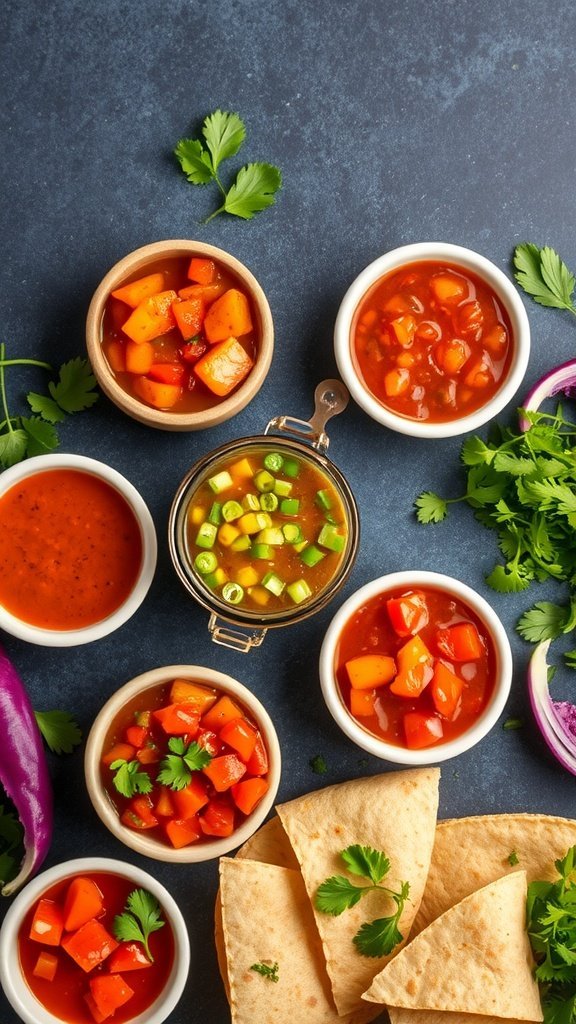 An overhead view of various colorful salsa bowls arranged around tortillas.