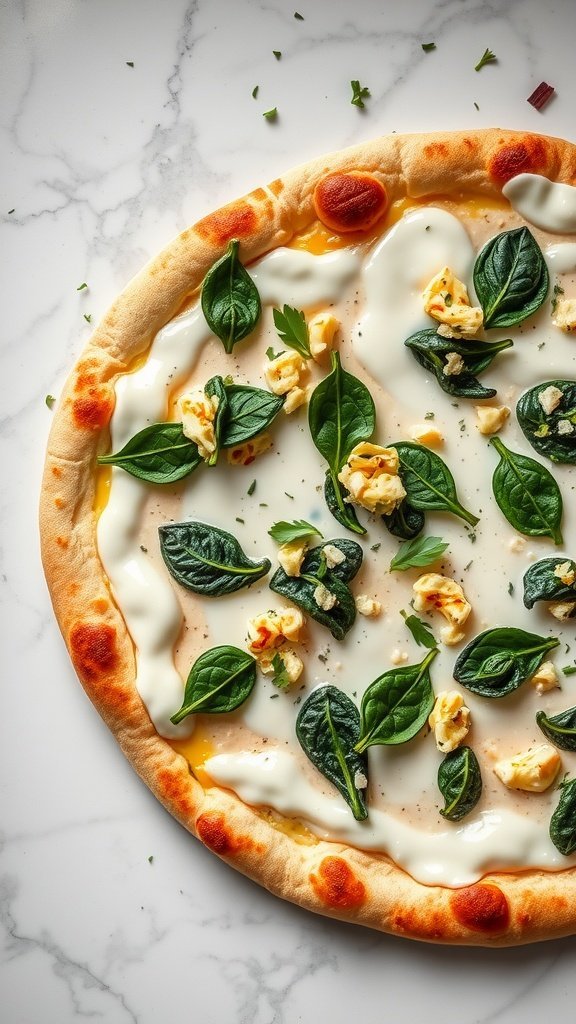 A delectable spinach and artichoke white pizza topped with fresh spinach, artichoke pieces, and creamy sauce on a golden crust.