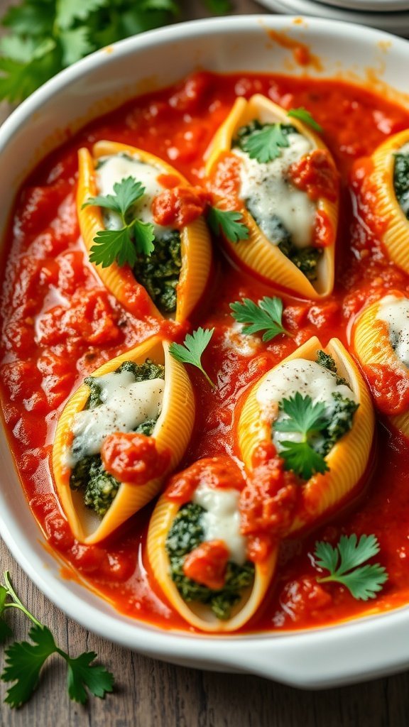 A dish of spinach and cheese stuffed pasta shells in marinara sauce, garnished with parsley.