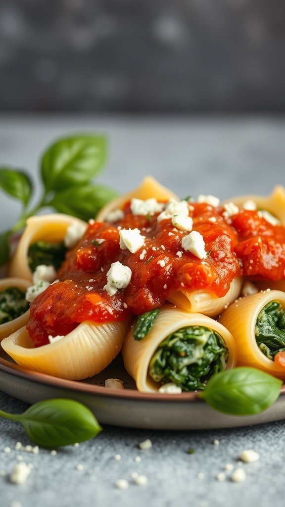 Plate of spinach and feta stuffed pasta shells topped with marinara sauce and fresh basil