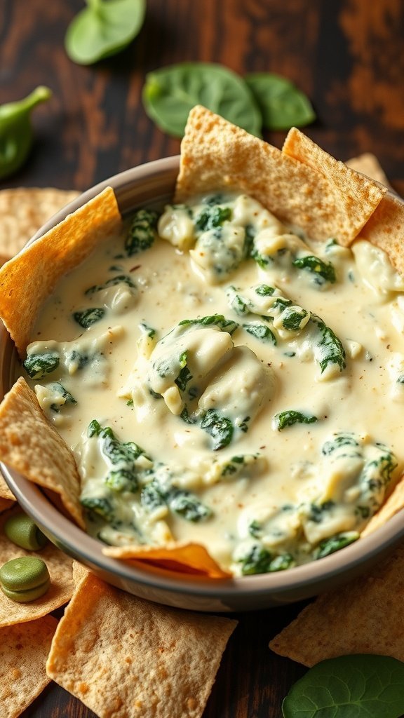 A bowl of spinach artichoke dip with crispy tortilla chips arranged around it.
