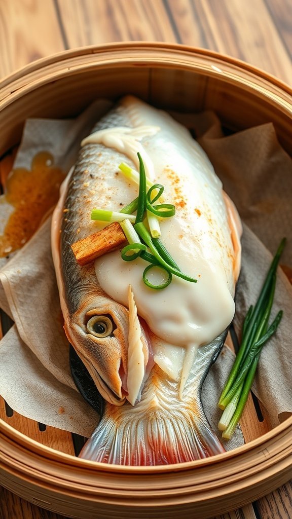 A whole fish steamed with ginger and scallions in a bamboo steamer