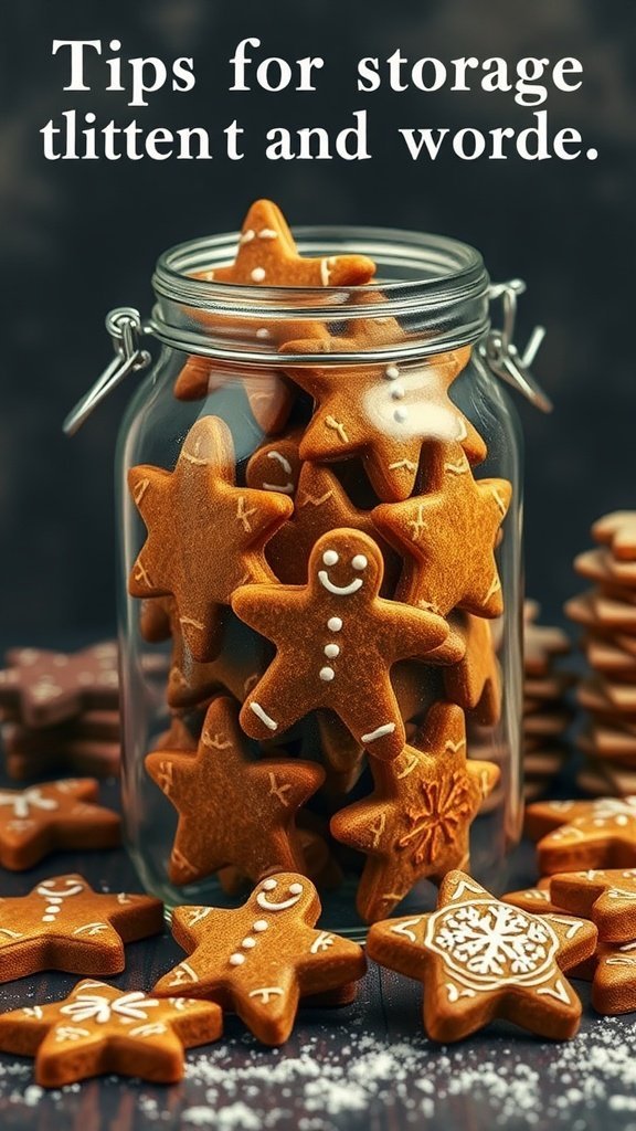 A jar filled with gingerbread cookies, some decorated with icing, surrounded by additional cookies on the table.