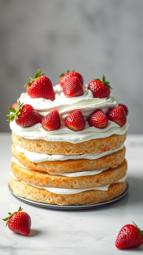 A three-layered cake with cream and fresh strawberries on top.