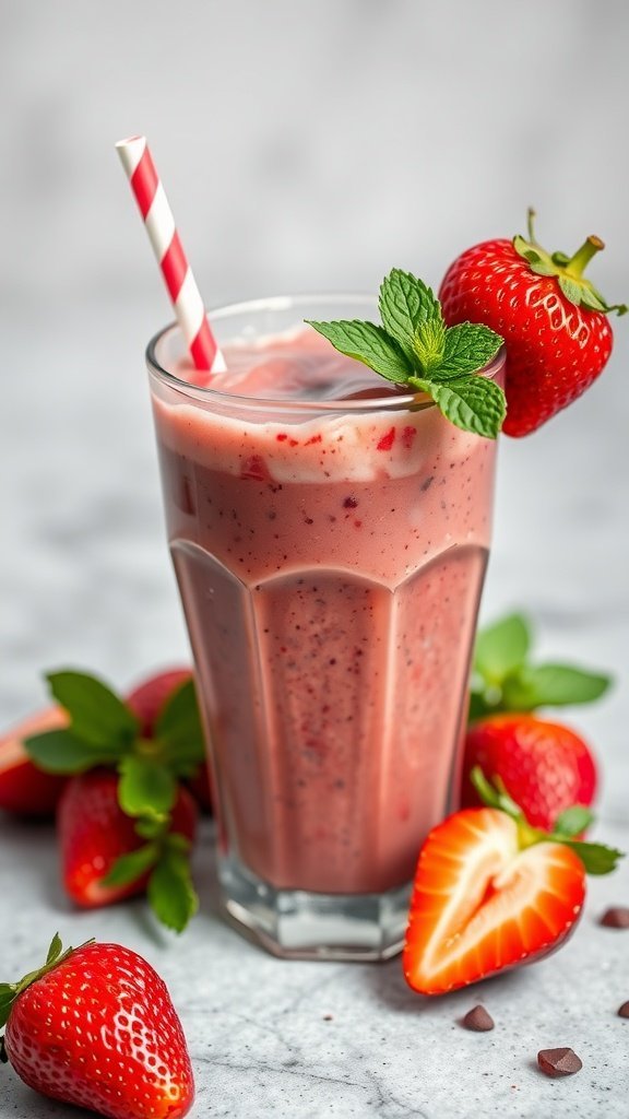 A glass of Strawberry Açaí Refresher with fresh strawberries and mint