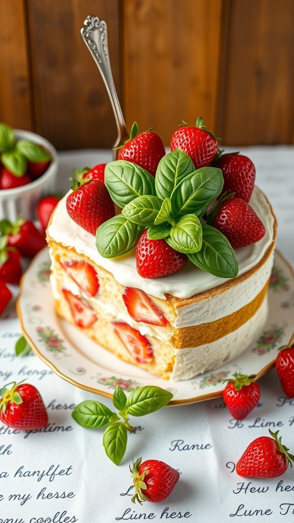 A beautifully decorated Strawberry Basil Cake topped with fresh strawberries and basil leaves.