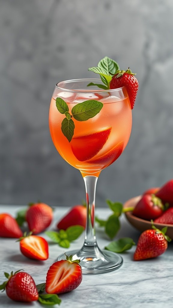A Strawberry Basil Margarita in a glass, garnished with fresh strawberries and basil leaves, set against a gray background with whole strawberries in the foreground.