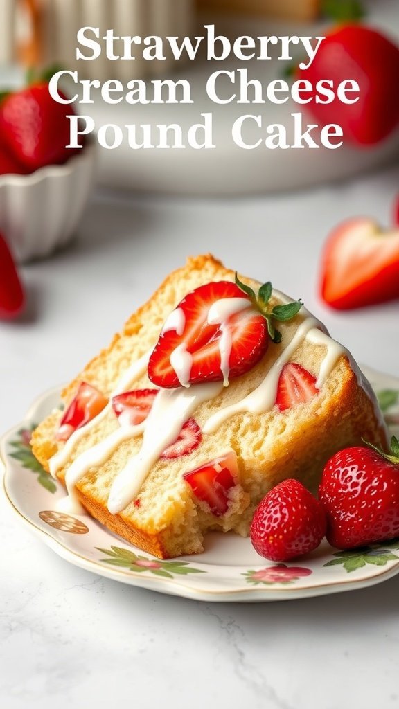 A slice of Strawberry Cream Cheese Pound Cake topped with fresh strawberries and icing on a decorative plate.