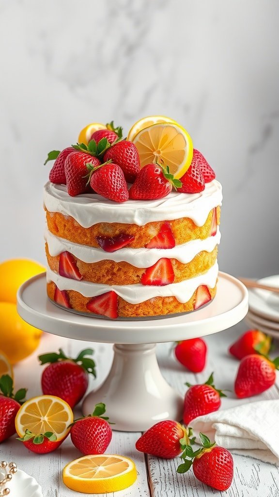 A beautiful Strawberry Lemonade Layer Cake topped with strawberries and lemon slices.