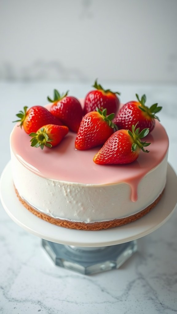 A beautiful strawberry mousse cake topped with fresh strawberries and a pink glaze, sitting on a glass cake stand.