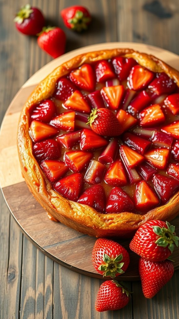 A delicious strawberry rhubarb upside-down cake topped with fresh strawberries, displayed on a wooden board, with more strawberries scattered around.