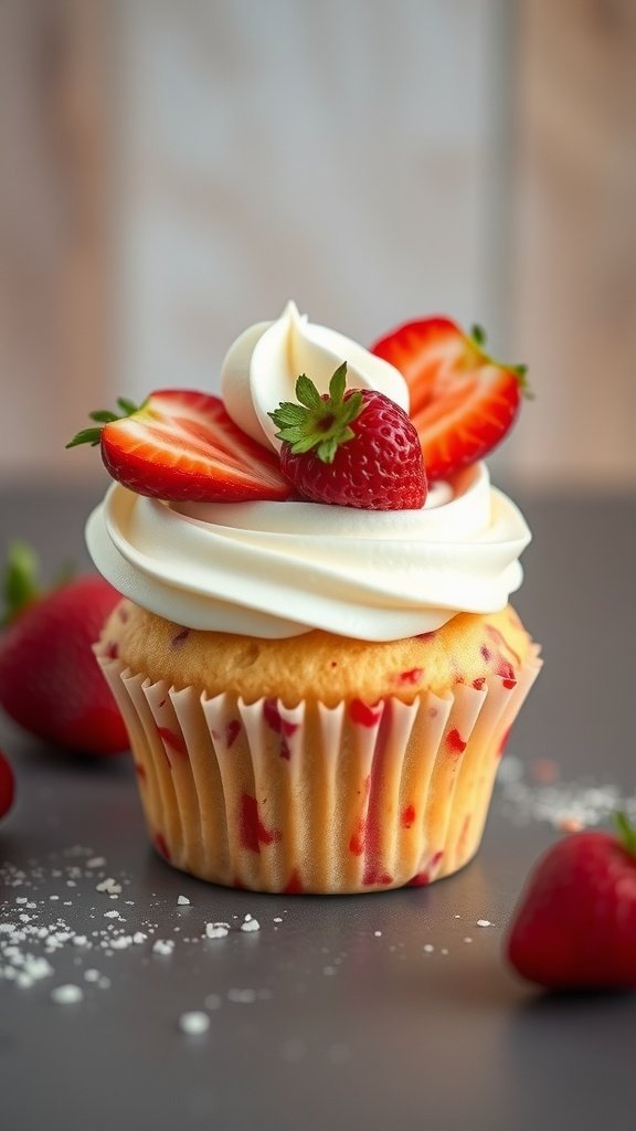 A beautifully decorated strawberry shortcake cupcake with fresh strawberries and whipped cream on top.