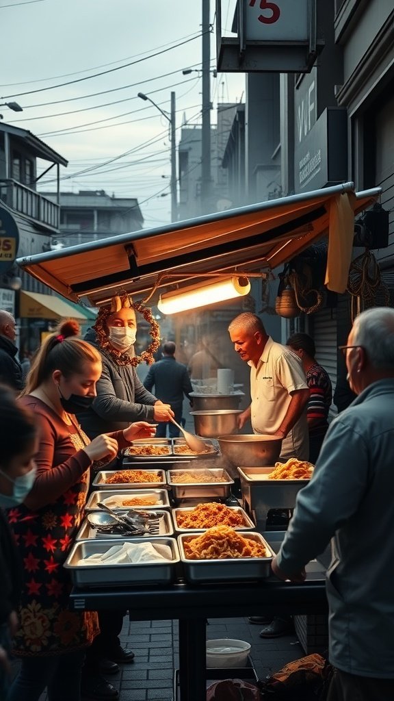 Street taco stand with vendors and customers in a busy market setting.