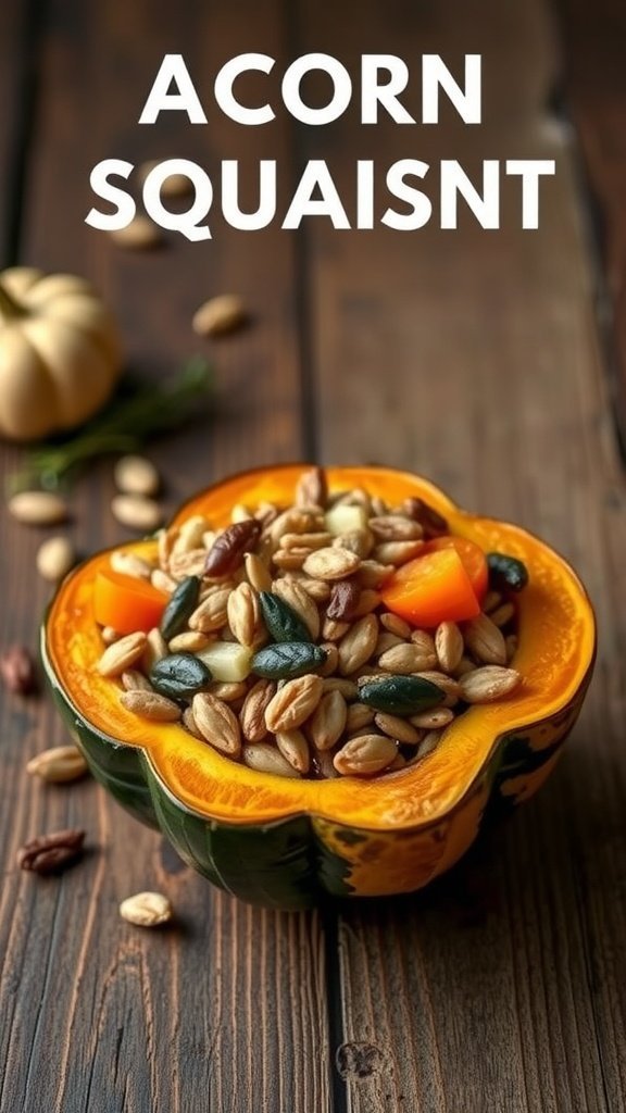 A stuffed acorn squash filled with nuts and vegetables on a wooden table.