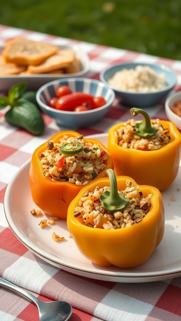 Three stuffed yellow bell peppers on a white plate with rice and vegetables, surrounded by picnic food on a red checkered tablecloth.