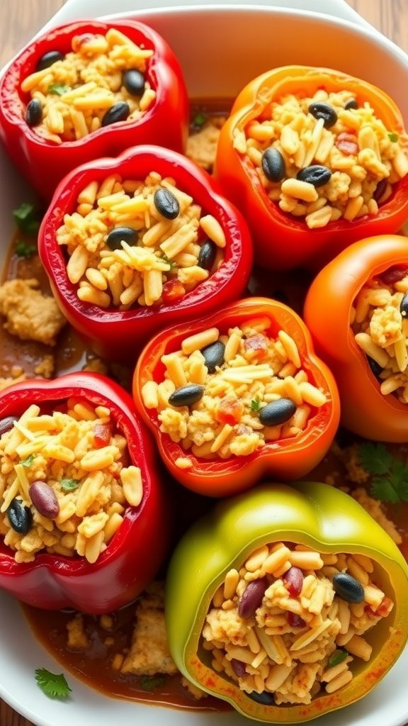 A plate of stuffed bell peppers filled with rice and beans, showcasing vibrant colors of red, orange, and green.