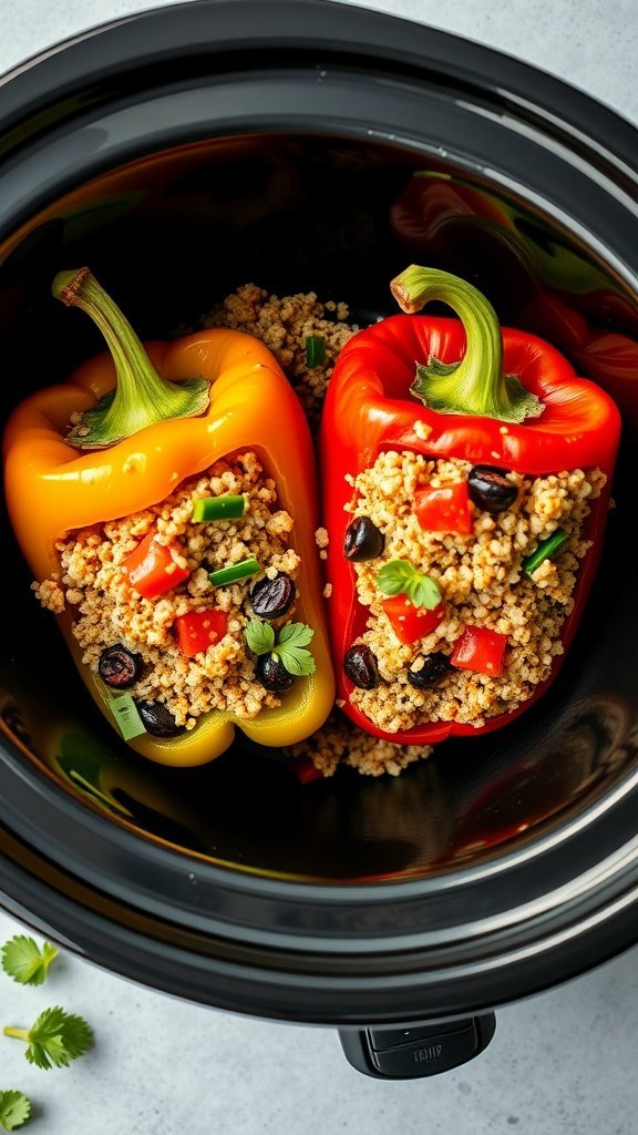 Two stuffed bell peppers filled with quinoa, black beans, and vegetables in a crock pot.