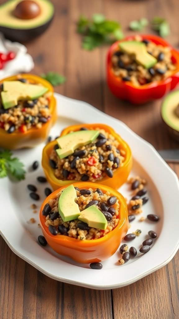 Stuffed bell peppers filled with quinoa and black beans, topped with avocado slices.