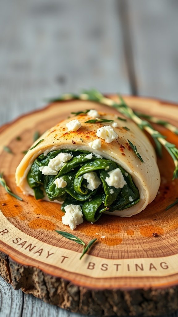 Stuffed chicken breast with spinach and feta on wooden plate.