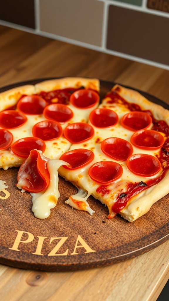 Delicious stuffed crust pepperoni pizza with melted cheese stretching from a slice.
