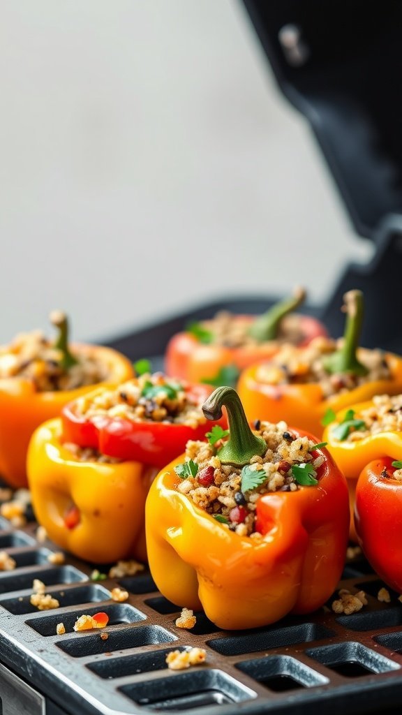 Grilled stuffed peppers filled with a savory mix, placed on a grill.