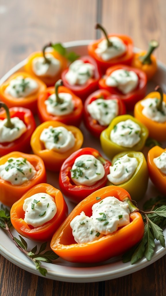 A platter of stuffed mini bell peppers in various colors, filled with a creamy mixture and garnished with herbs.