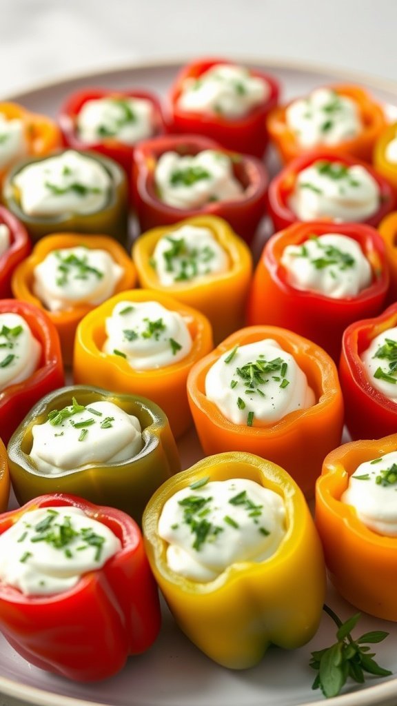 Stuffed mini peppers filled with creamy mixture and topped with herbs on a plate.