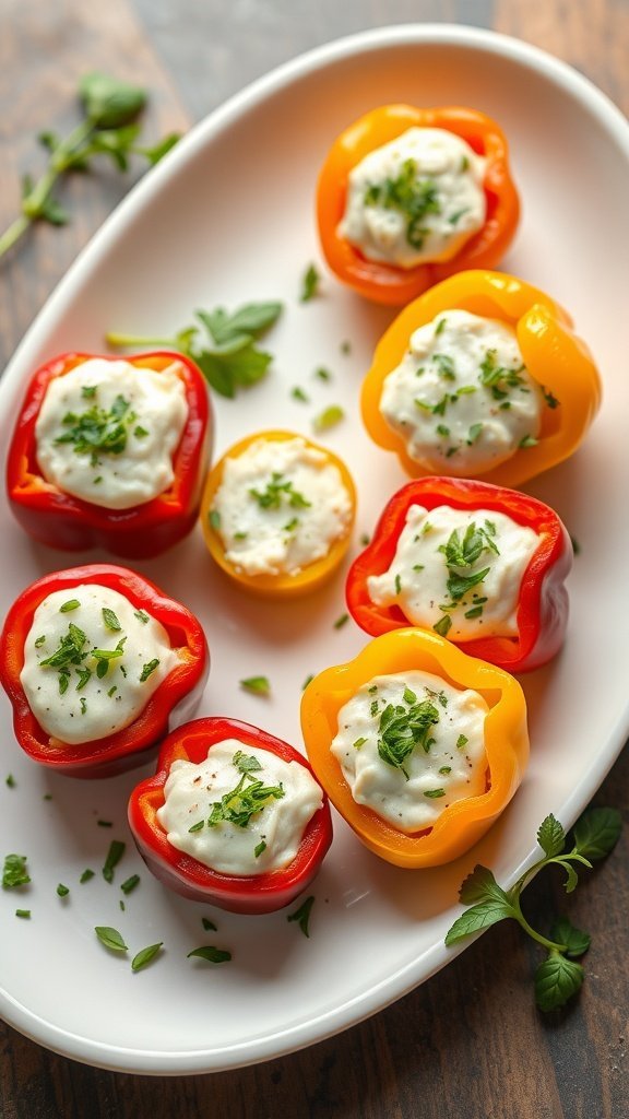 Colorful mini peppers stuffed with cheese and herbs on a white platter.