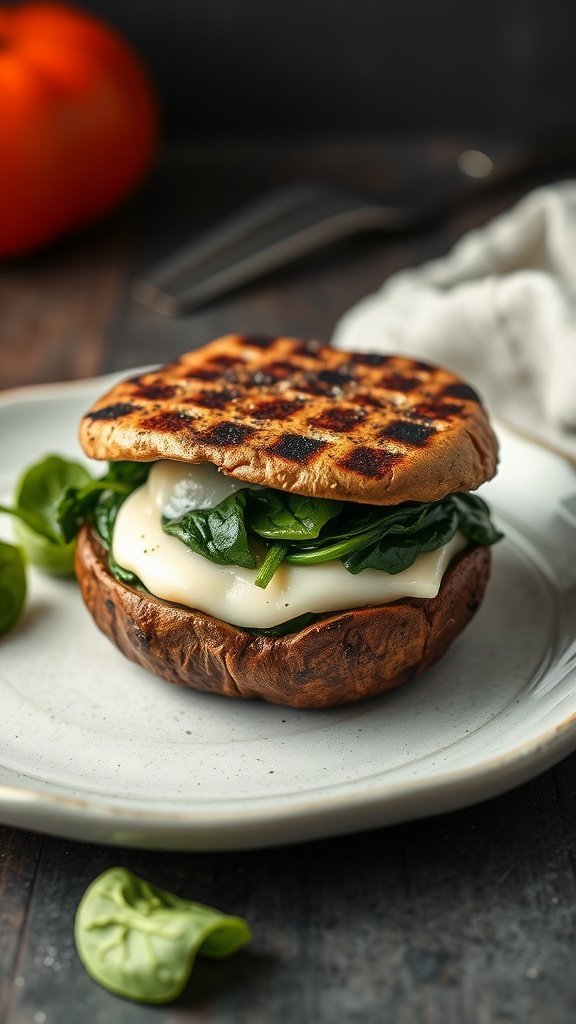 Stuffed Portobello Mushroom Sandwich with spinach and mozzarella.