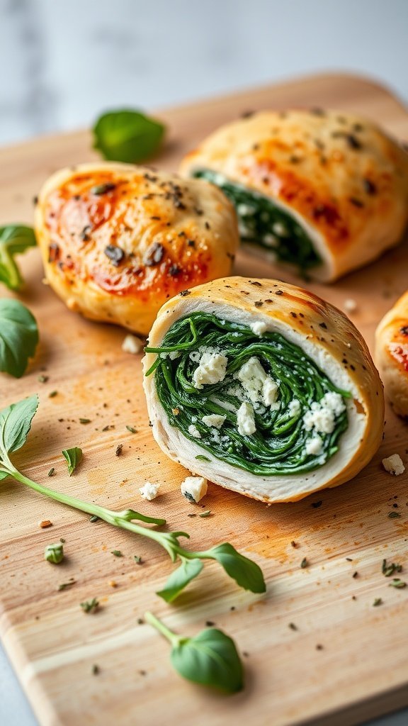 Stuffed spinach and feta chicken breast on a wooden cutting board