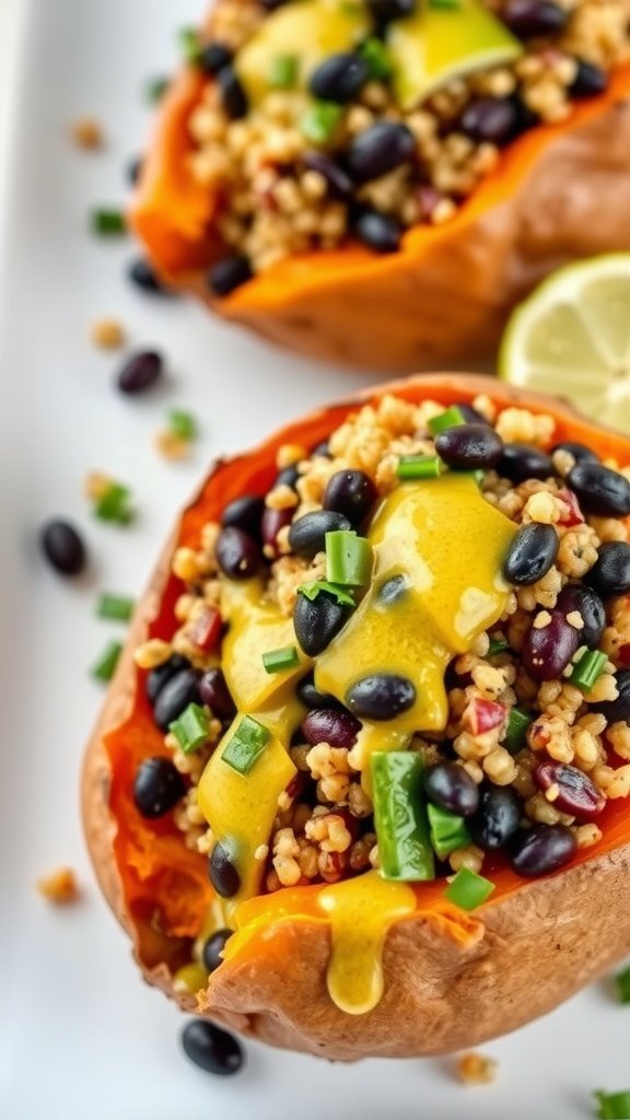 Stuffed sweet potatoes filled with quinoa, black beans, and topped with sauce