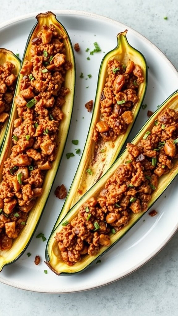 A plate of stuffed zucchini boats filled with a savory mixture.