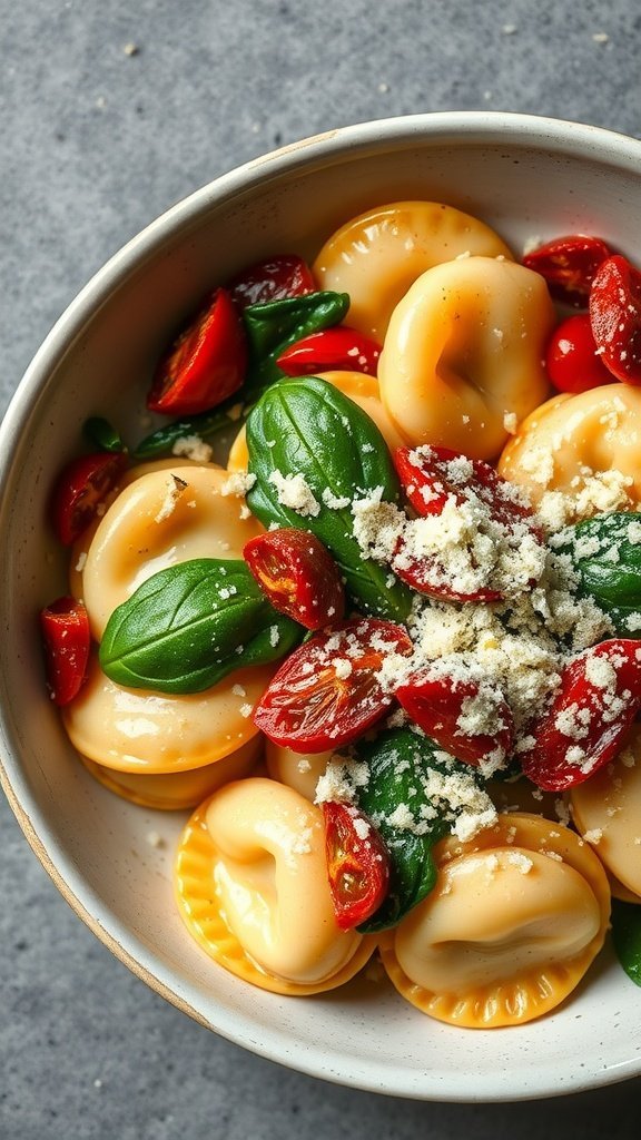 A bowl of tortellini with sundried tomatoes and spinach, topped with Parmesan cheese.
