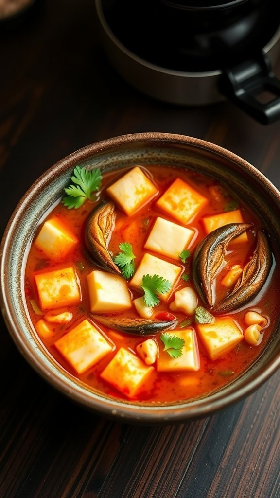 A bowl of sundubu jjigae, a Korean soft tofu stew, featuring cubes of tofu, seafood, and vibrant red broth topped with cilantro.