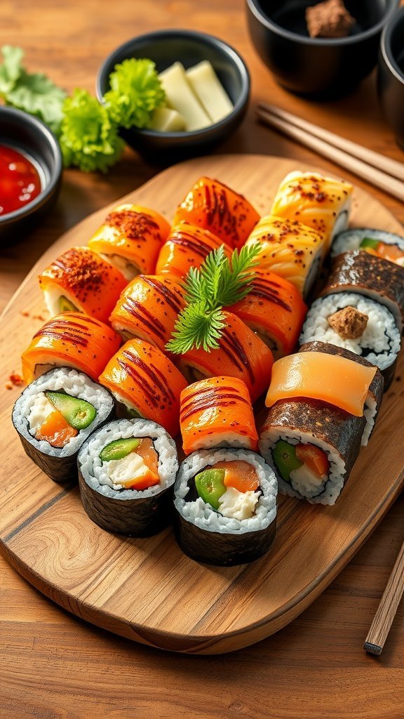 A wooden platter filled with colorful sushi rolls, featuring salmon, vegetables, and garnished with herbs.
