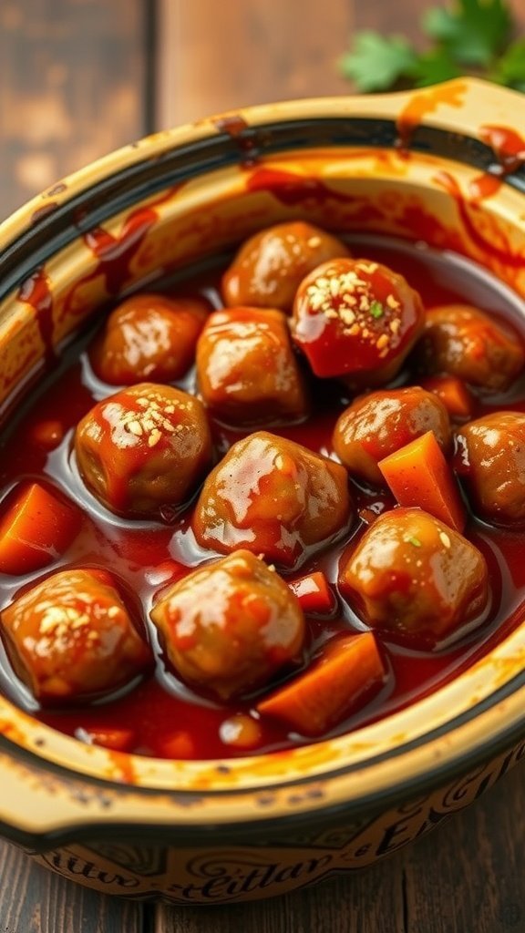 Crock pot filled with sweet and sour meatballs and carrots in a rich sauce